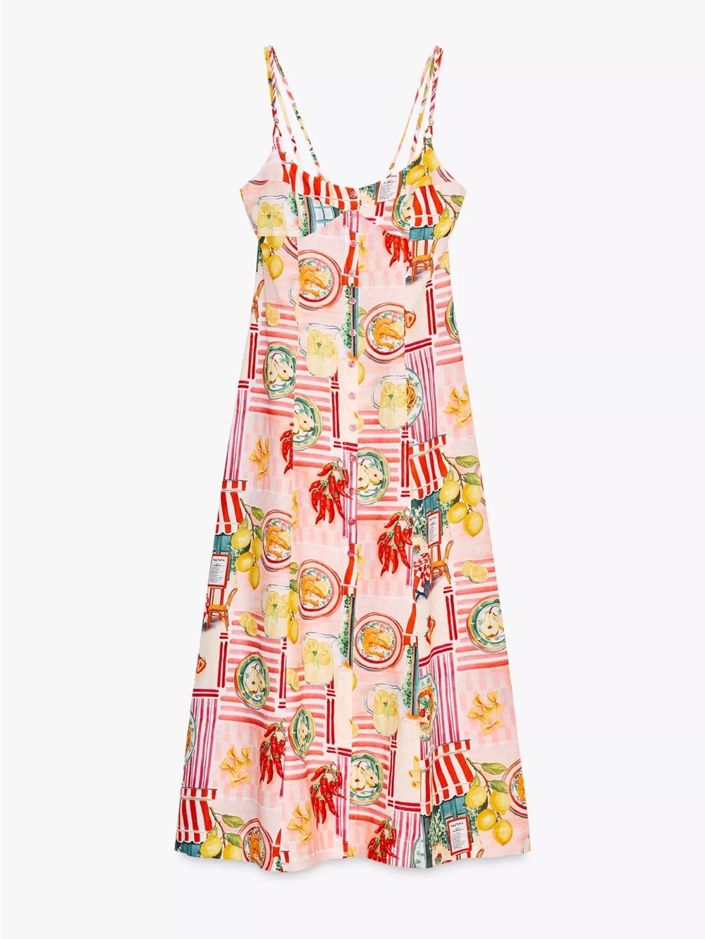 Zara Pink Printed Midi Dress with Lemon & Stripe Motif